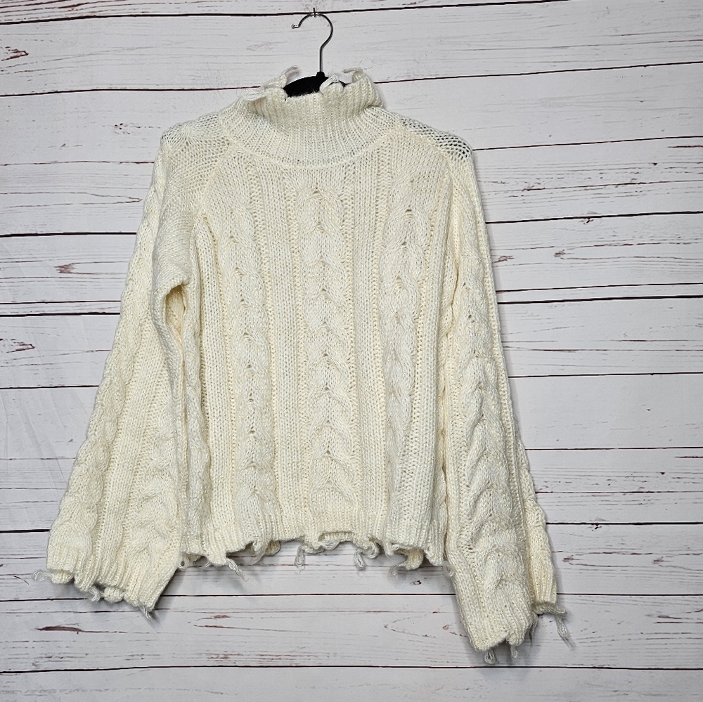 Neely Ivory Cable Knit Shimmer Distressed Sweater